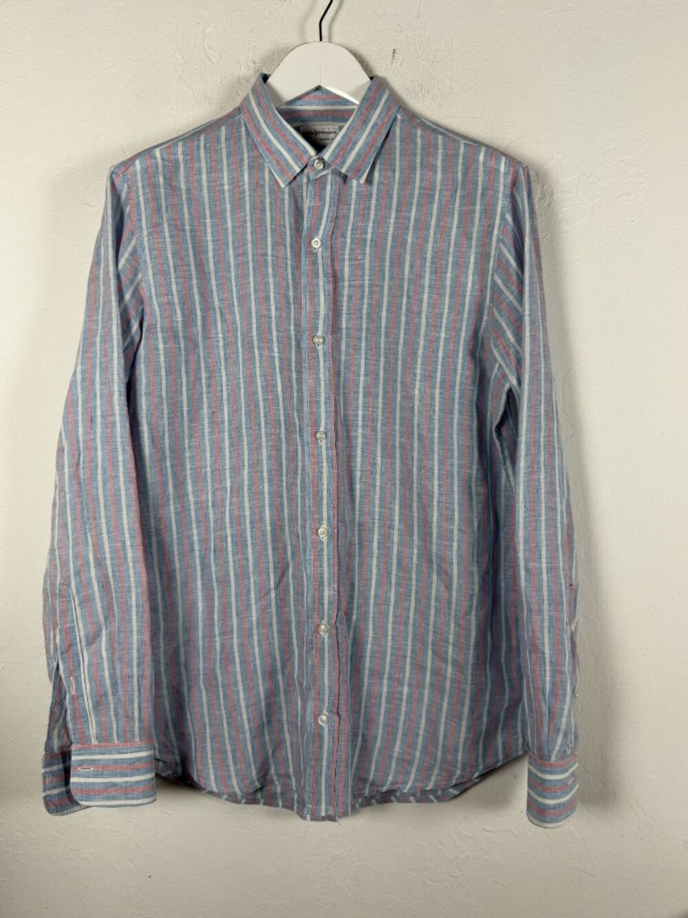 Mario Romano Mens Striped Linen Button-Up Shirt Made In Italy Large Blue & Pink